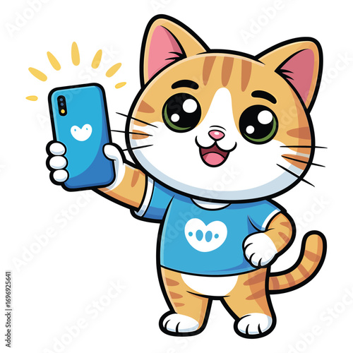 Cute cartoon ginger cat taking a selfie adorable kitten with a smartphone, vector illustration for kids, sticker, tshirt print