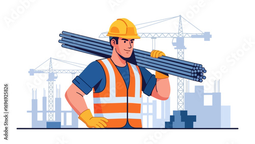 Construction Worker Carrying Steel Bars: A construction worker in protective gear confidently carries a bundle of steel bars on his shoulder against the backdrop of a bustling construction site.