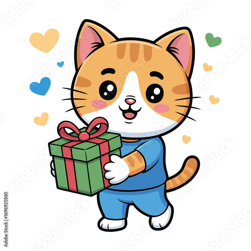 A delightful cat holding a gift box surrounded by hearts, this sweet feline is ready to give a present and spread love