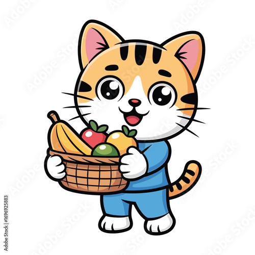 Cute cat carrying a basket of fruit adorable cartoon kitten with a happy expression wearing a blue shirt and holding food