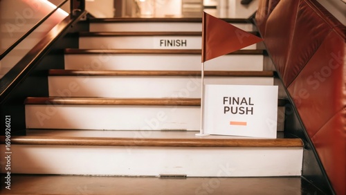 Final Push to Success on Stairs with Finish Line Signage