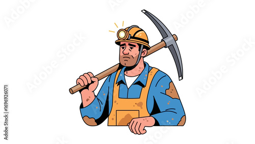 Mining Man Portrait: A dedicated miner, the epitome of strength and resilience, stands proudly, pickaxe in hand and helmet with lamp, ready for the hard work ahead. The illustrated style.