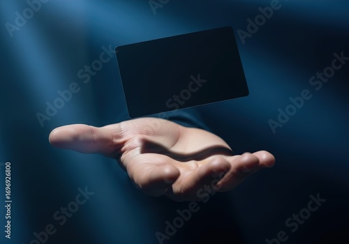 Hand holding a blank black card with light effect