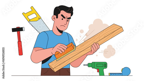 Handyman with Tools: A skilled handyman, passionately working on a piece of wood with various tools laid out, embodying the essence of craftsmanship and focused effort.