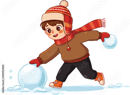Cartoon boy playing in snow, building snowball, winter fun activity, cold weather clothes, outdoor snowy scene, child enjoying winter