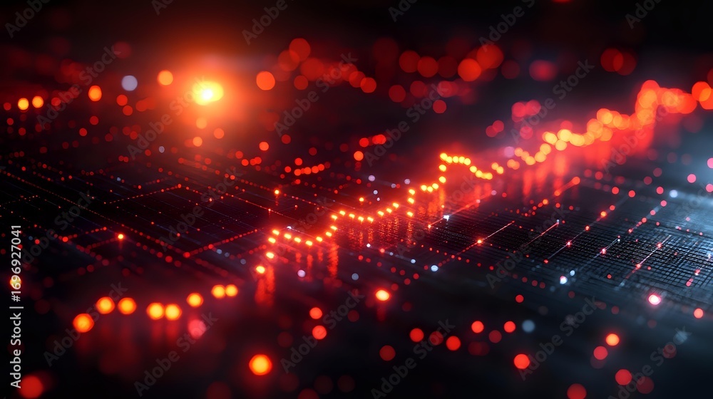Fototapeta premium Glowing red and blue stock market graph with bokeh light effects on dark background showing financial data visualization and market trends.