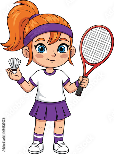 Cartoon sporty girl holding badminton shuttlecock and tennis racket, wearing white and purple outfit, smiling and ready to play game.