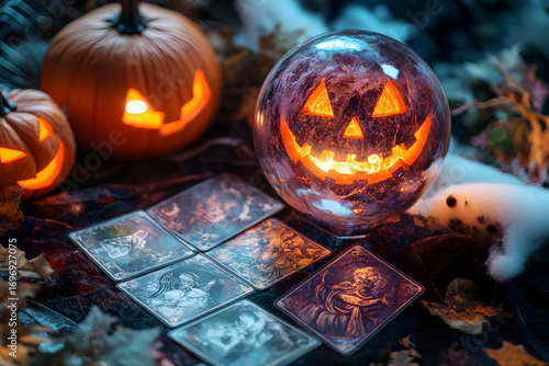 Halloween Tarot Reading Scene with Crystal Ball and Jack-O’-Lantern