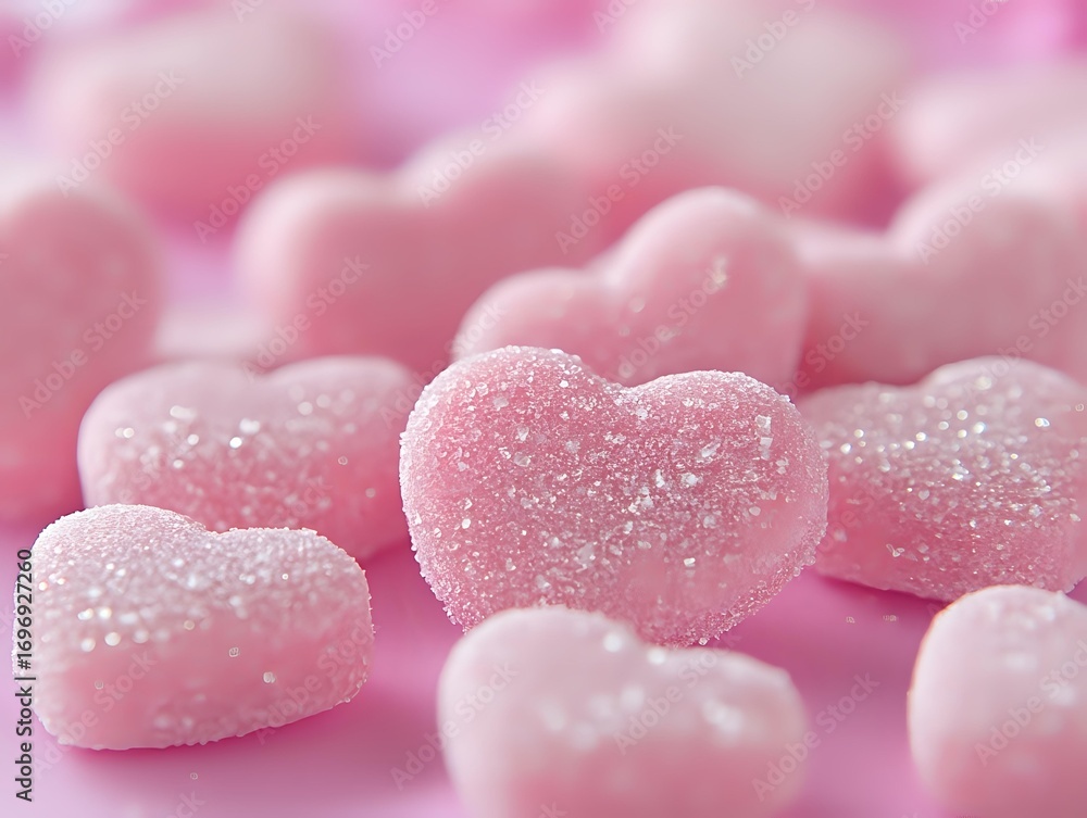 Obraz premium Pink sugar-coated heart-shaped gummy candies scattered on pink background, macro close-up view showing crystalline texture and sweet confectionery details.
