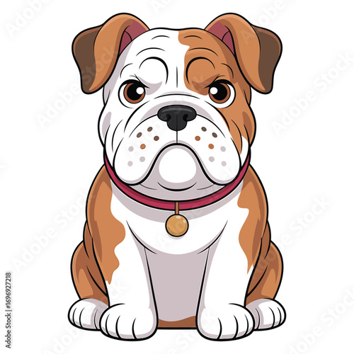 Charming bulldog puppy sitting, its endearing face and stout build captured in a delightful cartoon illustration