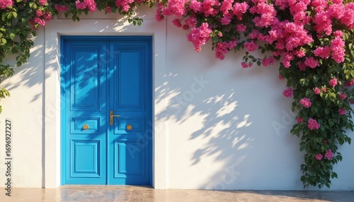 Fototapeta Naklejka Na Ścianę i Meble -  Vibrant blue door with white trim invites entry beside a lush tree abundant with pink bougainvillea flowers. White wall, shadows play on surface. Offers peaceful, welcoming Mediterranean atmosphere.