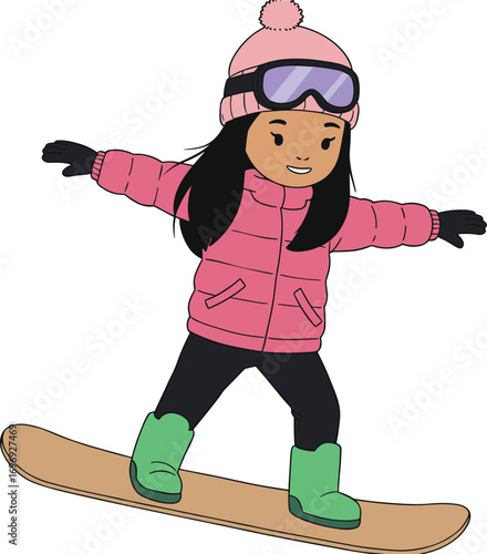 Cute girl snowboarding in winter clothes, wearing pink jacket, green boots, goggles, enjoying snow, outdoor winter sport activity fun