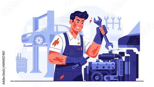 Mechanic at Work: A skilled mechanic confidently handles a wrench while working on a car engine. The image captures a scene of precision and expertise.