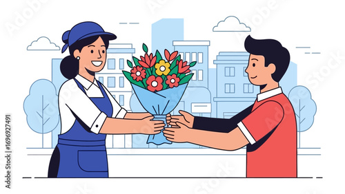 Delivering Floral Joy: An elegant scene captures a moment of connection as a cheerful florist hands over a vibrant bouquet to a delighted recipient.