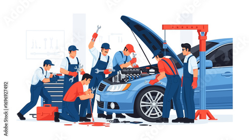 Mechanics at Work: A team of skilled mechanics diligently works on a sleek car in a state-of-the-art garage, embodying the precision and expertise that goes into automotive service.