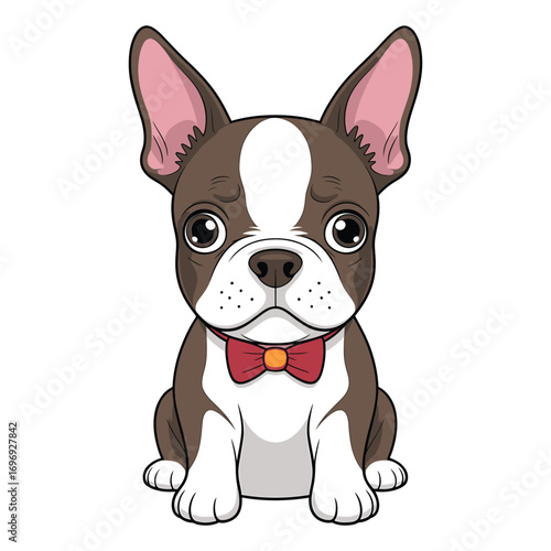 Cute boston terrier puppy with a red bow tie adorable cartoon dog with big eyes and ears sitting and looking at the camera