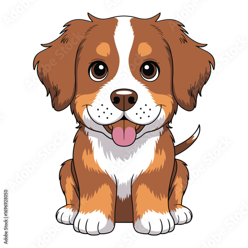 Adorable puppy with brown and white fur sitting and sticking its tongue out, a cute cartoon dog illustration for kids