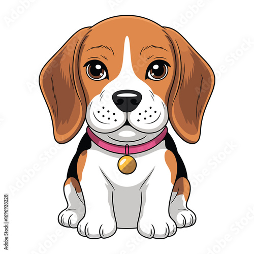Cute beagle puppy with brown and white fur wearing a pink collar, a lovely cartoon dog illustration for children