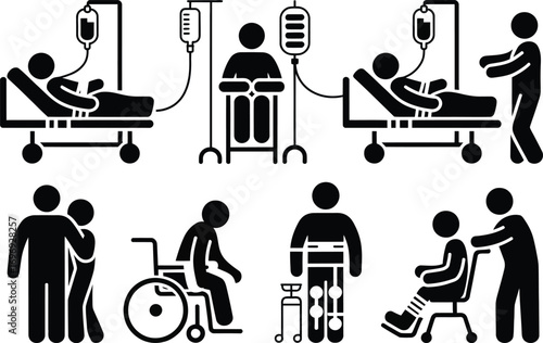 Hospital care scenes diverse medical assistance depicting patient recovery and support services