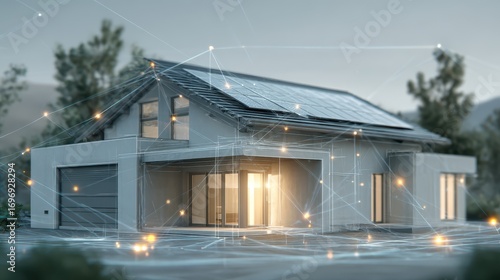 This is a futuristic depiction of a modern house equipped with solar panels on its roof. Digital lines and glowing nodes overlay the scene, suggesting a smart home system and.