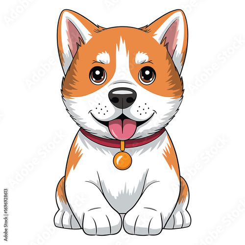 Adorable corgi puppy sitting, a cute and playful cartoon illustration of a happy dog with a collar and tag, perfect for childrens designs