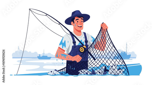 Fisherman's Catch: A smiling fisherman, standing in the water, expertly manages a net filled with freshly caught fish.