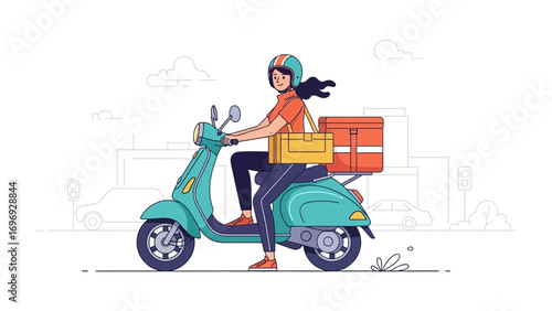 Speedy Delivery: A dynamic delivery driver, embodying efficiency and reliability, confidently navigates the urban landscape on a vibrant scooter, ensuring prompt and secure transport of goods.
