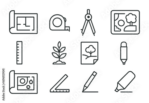 Landscape Icon Set. Outline icon set of landscape architecture: blueprint, measuring tape, compass, garden