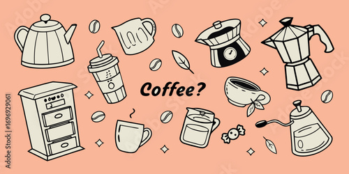 Seamless pattern vector illustration with coffee and its instrumental drawing doodle set of food and coffee cup icons, seamless pattern with kitchen cafe restaurant menu design