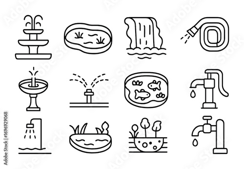 Water Feature Icons. Outline icon set of water features: fountain, pond, waterfall, garden hose, bird bath,