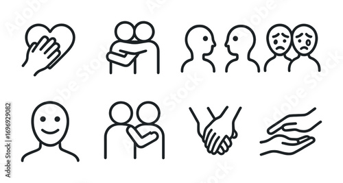 Emotional Connection Icons. Outline icon set of emotional connection: hand on heart, hug, eye contact, shared