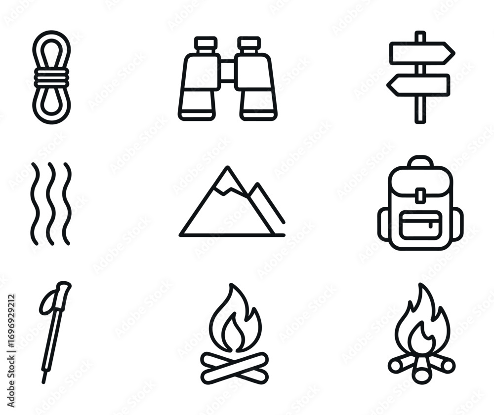 Fototapeta premium Outdoor Adventure Icons. Outline icon set of outdoor adventures: climbing rope, binoculars, trail sign, river,