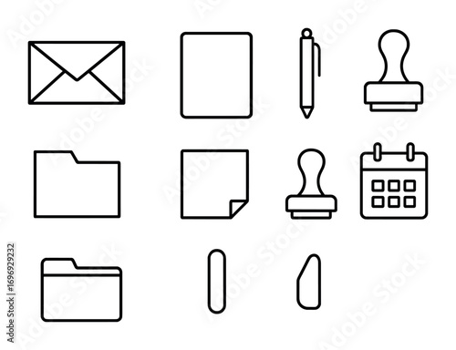 Office Stationery Icons. Outline icon set of office stationery: envelope, letterhead, pen, binder clip, folder