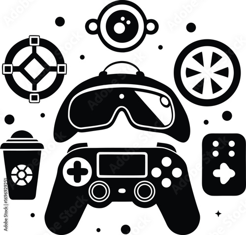 Gaming World of Black and White Icons Featuring VR Headset and Controller Illustration
