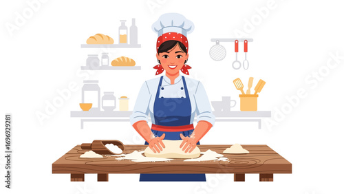 Baking a Culinary Creation: A cheerful chef expertly molds dough in a cozy kitchen setting. She stands surrounded by baking essentials and supplies, embodying the joy of culinary expertise