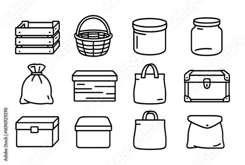 Rustic Storage Icons. Outline icon set of rustic storage items: wooden crate, wicker basket, metal tin, glass