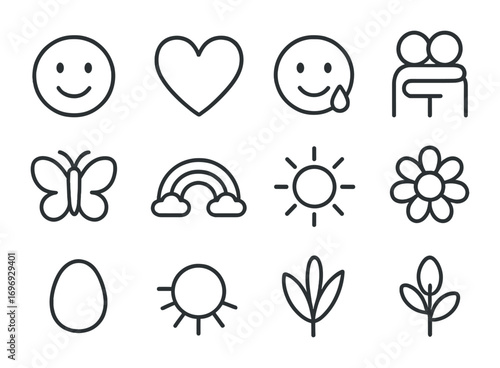 Emotional Well-being Icons. Outline icon set of Emotional well-being: happy face, heart, teardrop of joy, hug,