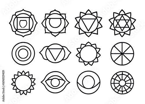 Chakra Icon Set. Outline icon set of Chakra symbols: root chakra, sacral chakra, solar plexus, heart chakra,