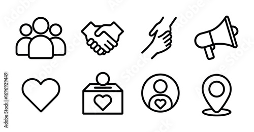 Community Support Icons. Outline icon set of Community support: group of people, handshake, helping hand,
