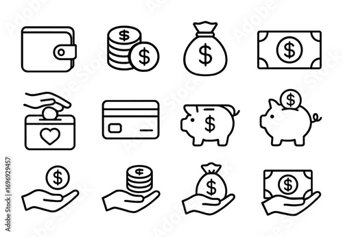 Financial Help Icons. Outline icon set of Financial help: wallet, coins, money bag, banknote, donation box,