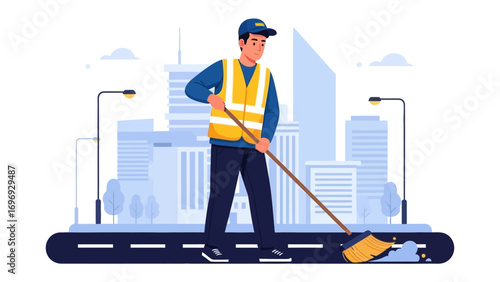 City Sweeper: A dedicated sanitation worker diligently cleans a city street, symbolizing essential services and urban cleanliness.