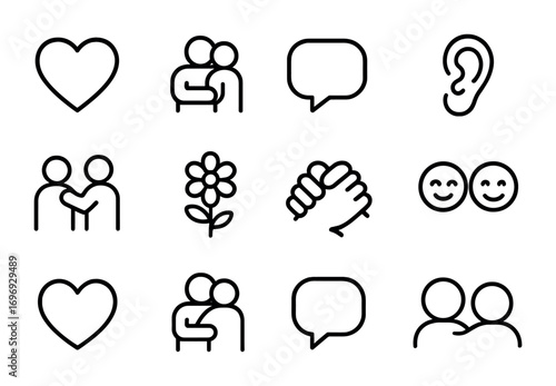 Emotional Support Icons. Outline icon set of Emotional support in partnerships: heart, hug, speech bubble, ear