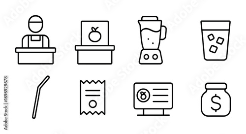 Juice Bar Icons. Outline icon set of Cacti varieties for landscaping: saguaro, prickly pear, barrel cactus,