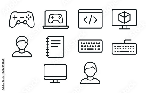 Game Development Icons. Outline icon set of Game development class: game controller, laptop, code editor,