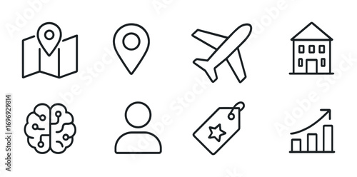 Travel Icon Grid. Outline icon set of Personalized travel recommendations: map, location pin, flight icon,