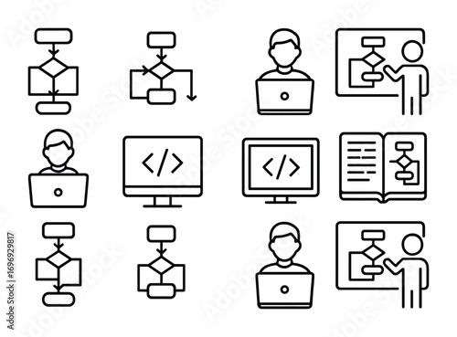 Algorithm Learning Icons. Outline icon set of Students learning algorithms: flowchart, algorithm symbol,