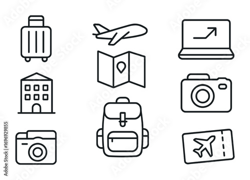 Travel Work Icons. Outline icon set of Traveling while working: suitcase, airplane, map, laptop, hotel,