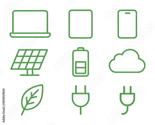 Eco-Friendly Office Icons. Outline icon set of Green office technology: laptop, tablet, smartphone, solar