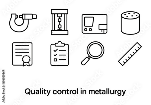 Metallurgy Quality Icon Set. Outline icon set of Quality control in metallurgy: micrometer, tensile tester,