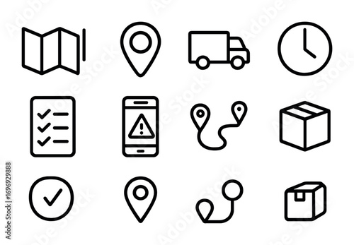 Order Tracking Icons. Outline icon set of Order tracking: map, location pin, delivery truck, clock, checklist,